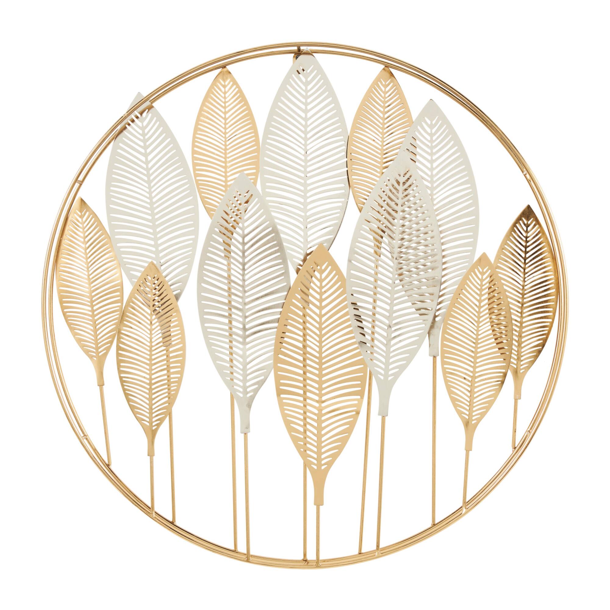 Gold Metal Leaf Wall Décor with Circular Frame and Silver Accents
